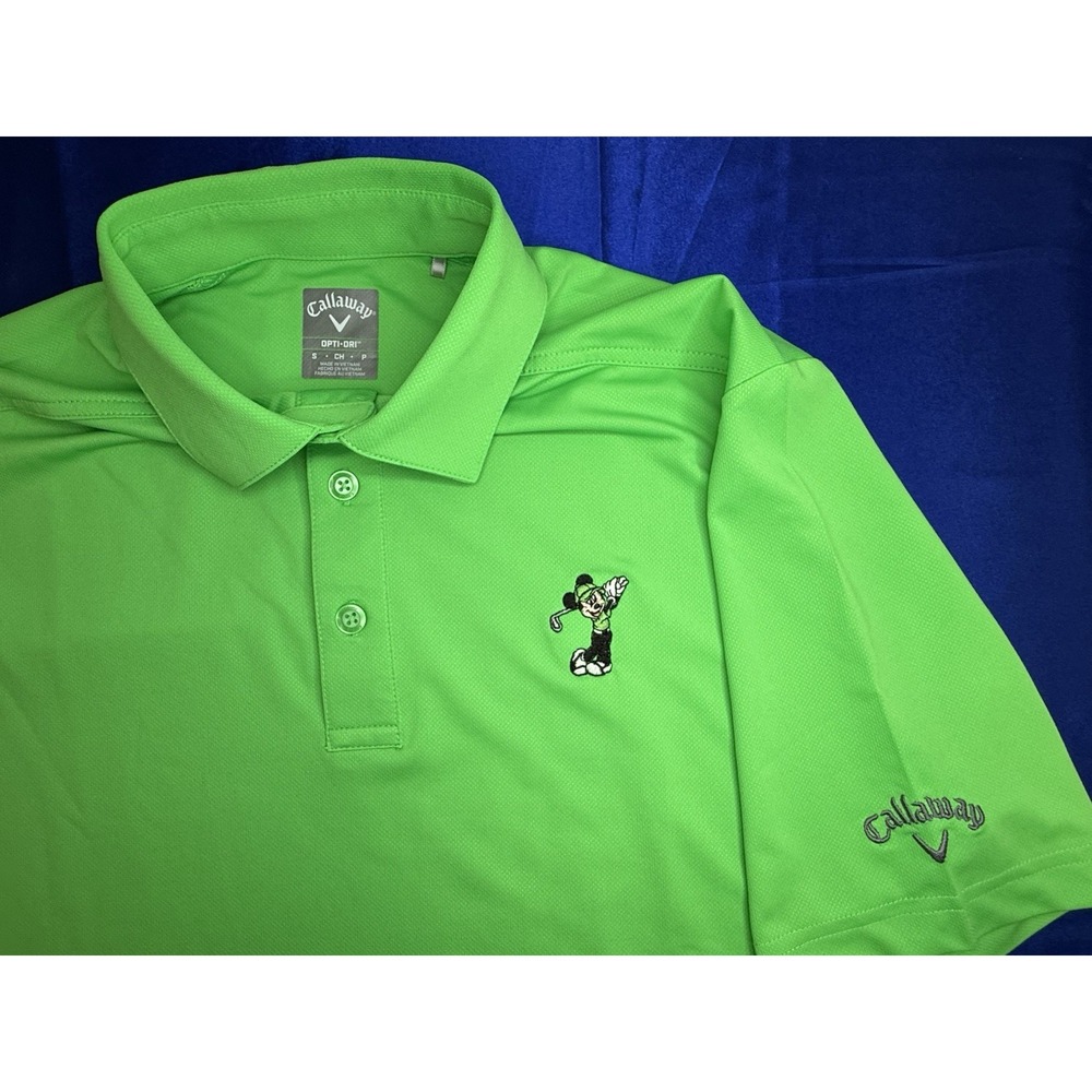 Callaway Opti Dri Mens Small Golf Polo Neon Green Lime Micky Mouse Stretch Shirt